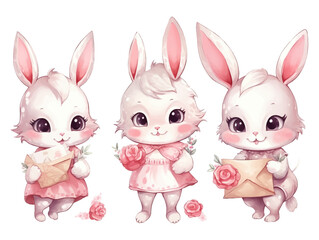 Watercolor cute bunny with love elements set, heart balloons, love, tie, love envelope, smile face