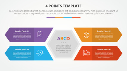 4 points stage list template infographic concept for slide presentation with hexagon and arrow rectangle container with flat style