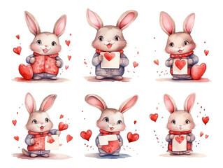Watercolor valentines day love rabbit couple, hand drawn watercolor illustration for greeting card or invitation design