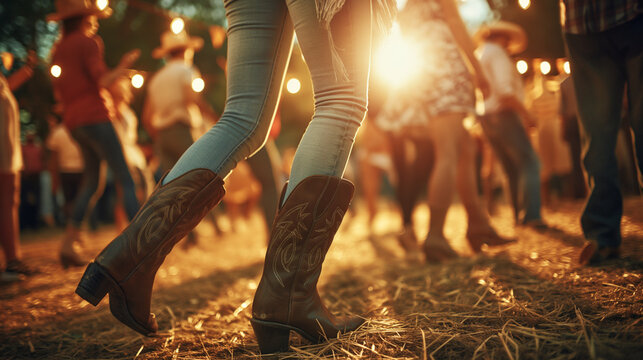 Traditional line dance showcasing detailed cowboy boots in action	