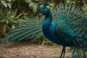 Fototapeta premium A vibrant peacock with its colorful feathers fanned out in a park