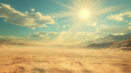 Sunny Desert Landscape with Mountains, Vast and Bright
