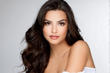 Fototapeta premium Portrait of a Beautiful Young Woman with Pristine Skin, Highlighting Face Care, Cosmetology, and Spa