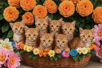Fototapeta premium Tangerine tabby kittens in a flower basket