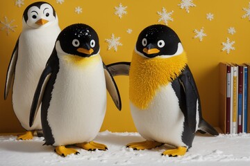 A smiling penguin with snowflakes on a yellow backdrop