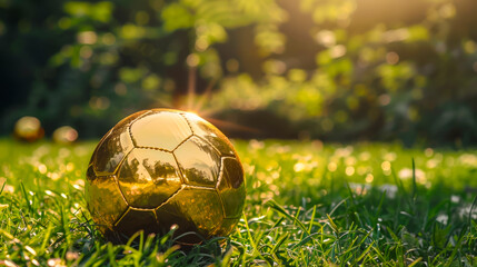 A gold soccer ball is sitting on a green field