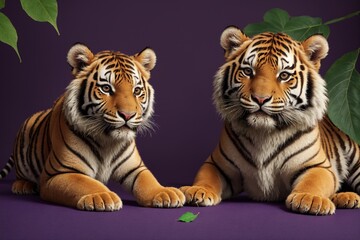 Obraz premium A charming tiger cub with a leaf on a purple background