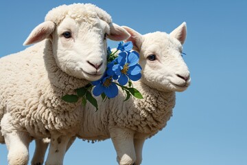 A happy lamb with a flower on a blue background
