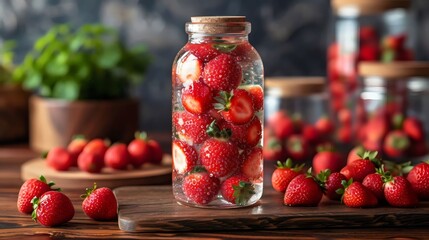 A jar of strawberries is sitting on a wooden table - Powered by Adobe