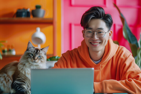 Happy Asian Man Working on Laptop with Cat in Bright and Colorful Home Office