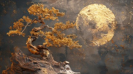 Fototapeta premium Golden Bonsai with Abstract Gold Moon