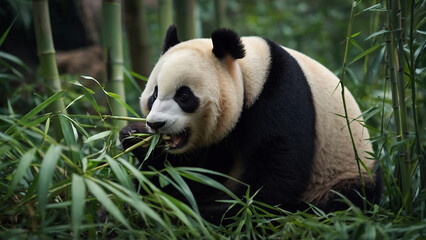 Fototapeta premium Cute giant panda eating bamboo