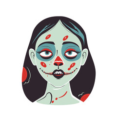 Female zombie character illustration, pale blue skin, stitched lips, red markings. Cartoon zombie girl, black hair, earring, undead themed graphic art. Halloween vector zombie lady, spooky makeup