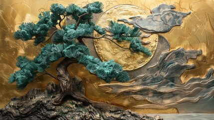 Japanese Artwork of Tree and Golden Moon