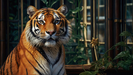 Powerful strong Orange Tiger:stripes, jungle, wildlife, predator, feline, endangered, roar,nature