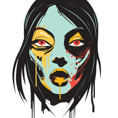 Zombie woman portrait vector illustration horror fantasy. Undead female character design colorful abstract makeup Halloween. Creepy haunted face splattered blood spooky artistic graphic