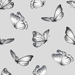 Seamless pattern with grey flying butterflies on a grey background. A hand-drawn watercolor illustration. For textiles, wallpapers and backgrounds. For packaging paper and labels, printing.