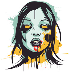 Female zombie face illustration bleeding mouth creepy expression. Artistic zombie portrait graphic splattered background. Grunge style zombie head artwork, horror themed