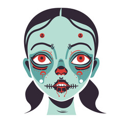Day Dead inspired female face, vibrant sugar skull makeup, traditional Mexican Dia de los Muertos celebration design. Young woman, stylized Calavera decoration, isolated white background, turquoise