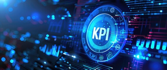 glowing blue kpi icon on digital screen