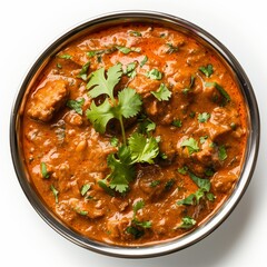 Bowl of creamy Indian curry, garnished with cilantro. Probably chicken or lamb in rich, creamy sauce
