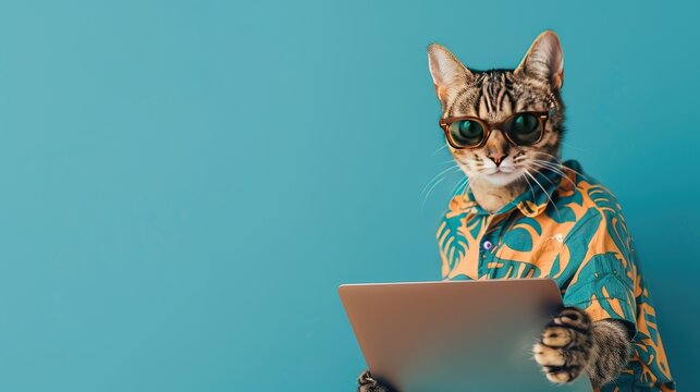 Cool cat in sunglasses and hawaiian shirt using laptop.