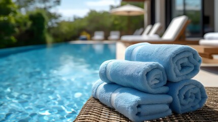 A stack of blue towels is on a wicker chair by a pool