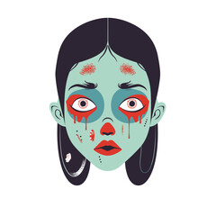 Zombie girl illustration blood tears flowing red eyes, macabre. Eerie female undead head, graphic design, spooky character. Creepy greenhued skin facial sores, horror theme