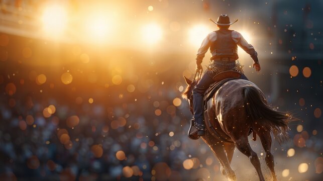 Dramatic shot of a cowboy riding a horse in an arena under bright lights, capturing the essence of rodeo excitement and action.