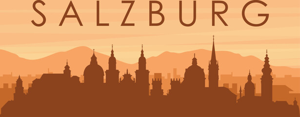 Naklejka premium Brown panoramic poster of the city skyline with misty background buildings, sunrise, clouds and mountains of SALZBURG, AUSTRIA