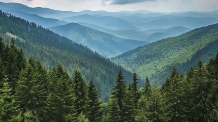 Fototapeta premium Pine trees blanket the slopes of mountains