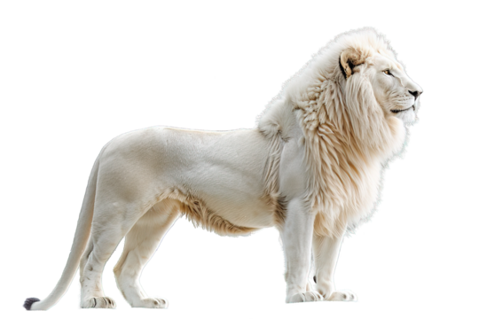 Side view white lion isolated on transparent background ,generative ai