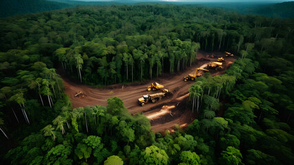 Aerial view of a large swath of rainforest being cleared, with piles of felled trees and patches of untouched forest contrasting starkly. In the background, you can see logging trucks and machinery at