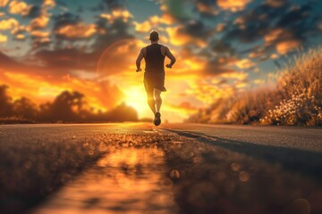 A man runs towards the sunrise on a country road, creating motion blur