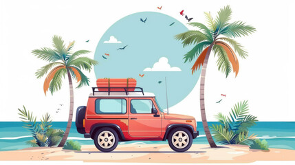 Illustration of a red SUV parked on a sandy beach with palm trees and a blue ocean backdrop.