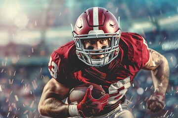 A close-up shot of an American football player running with the ball during a game, showing the players determined focus