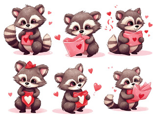 Cute Raccoon Set, Funny Animal Cartoon Character in valentine day Situation Illustration on isolated white background