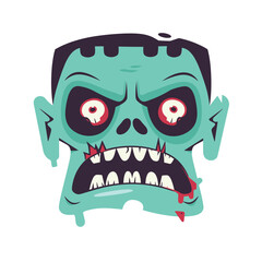Zombie head cartoon graphic, scary undead character illustration. Green skinned zombie bulging eyes, sharp teeth drooling blood, stylized horror design. Spooky funny zombie face, Halloween concept