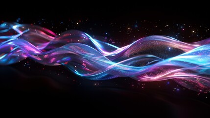 Abstract holographic iridescent neon curved wave in motion dark background 3d render. Gradient design element for banners, backgrounds