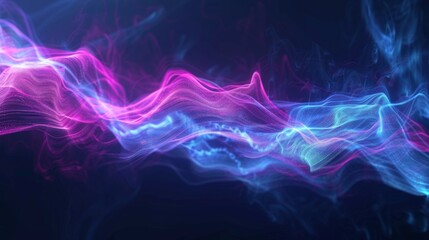 Fototapeta premium Abstract holographic iridescent neon curved wave in motion dark background 3d render. Gradient design element for banners, backgrounds