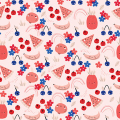 Summer fruit  pattern. Cute vector seamless background with pineapple, watermelon, lemon, orange, strawberry, banana, berries, cherry