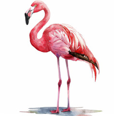 Obraz premium Detailed watercolor painting of a standing flamingo, showcasing its vibrant pink feathers and elegant pose.