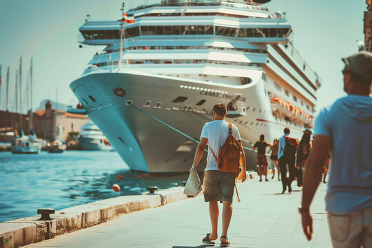 Tourists boarding a cruise ship at the pier to enjoy their summer vacation with visible copy space, emphasizing the joy and anticipation of summer travel