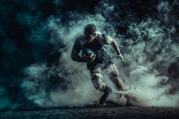 A rugby player runs through a cloud of smoke during a game, holding the ball tightly