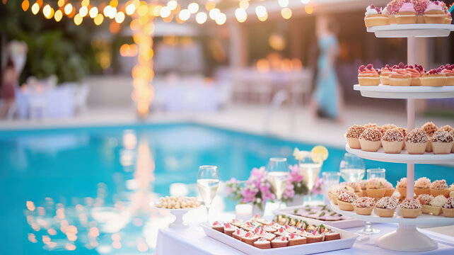 poolside party catering table with desserts and drinks, beautifully illuminated by string lights - Powered by Adobe
