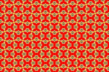 A red and yellow patterned background with a white star in the middle