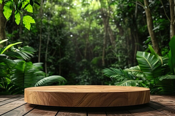 Wooden Podium product display mockup in Lush Tropical Forest