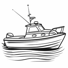Intricate line art drawing of a fishing boat on water, perfect for coloring books and nautical-themed projects.