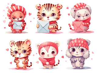Cute tigers with hearts. Happy Valentine's Day. Illustrations for poster, postcards isolated on white background.