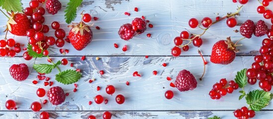 Summer Fruit Dessert Featuring Red Berries on a White Wooden Surface viewed from the Top